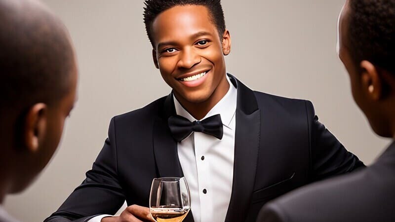 young man wearing a suit smiles at his clients while entertaining them at dinner