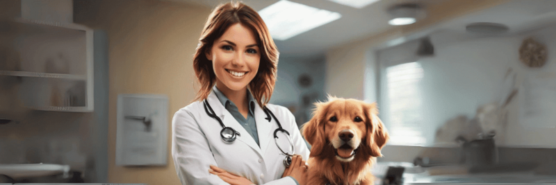 veterinarian with dog smiles at us